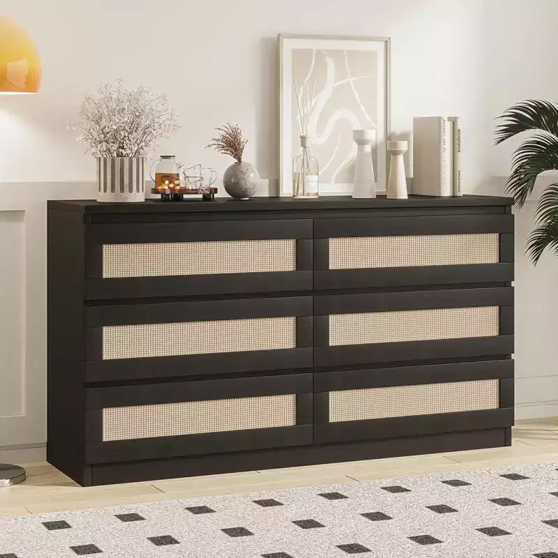 Rattan Dresser for Bedroom, 6 Drawer Double Dresser for Bedroom with Smooth Mental Slide, Modern Wood Chest of Drawers, Black