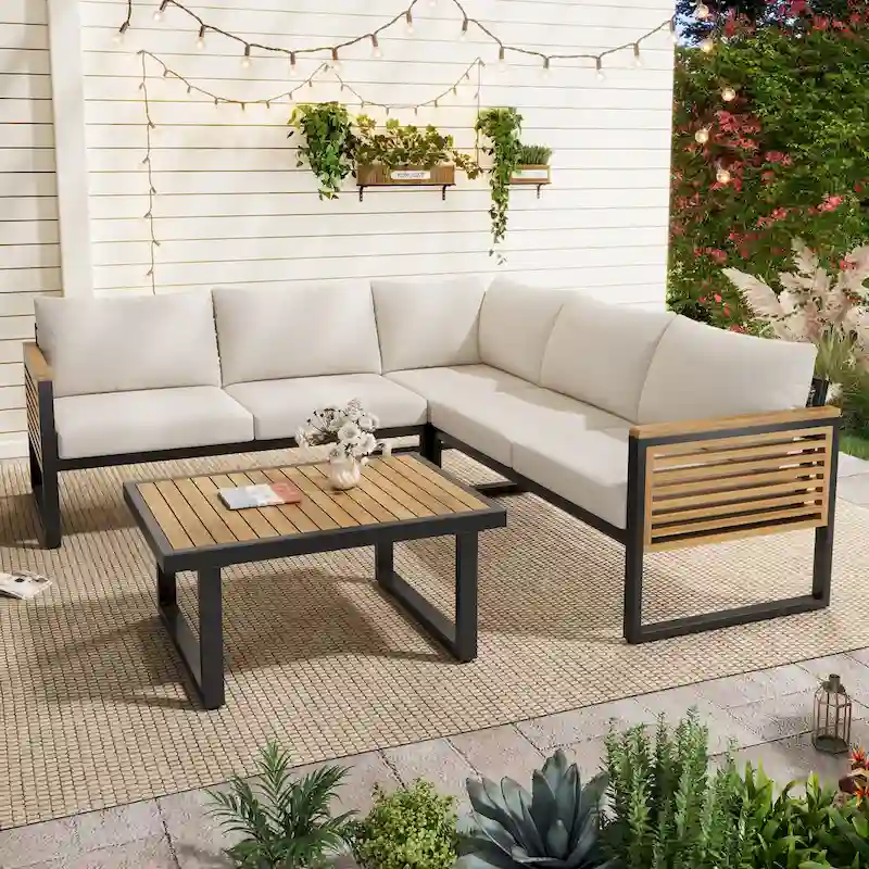 Outdoor 4-piece Acacia Wood and Metal Patio Sofa Corner Set
