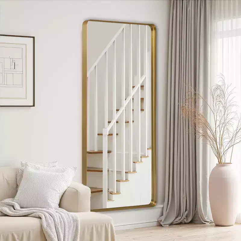 PexFix 31 in. x 71 in. Full Length Mirror Aluminum Round Corner Rectangle Deep Frame Wall Decor Mirror in Gold Freestanding Wall Mount