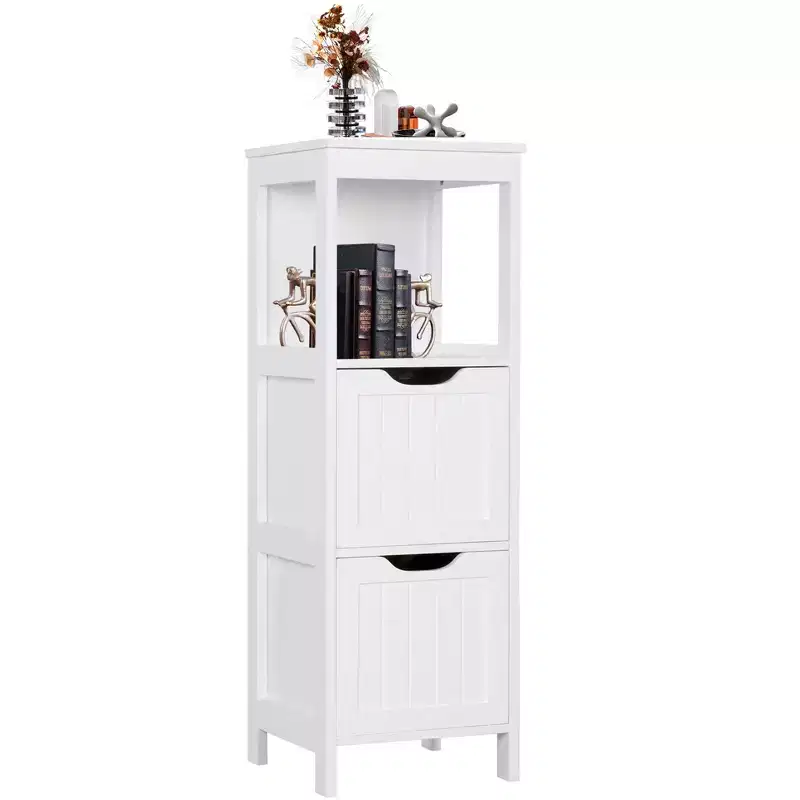 Wooden Bathroom Floor Cabinet Freestanding Storage Organizer with Adjustable Shelves and Drawers White