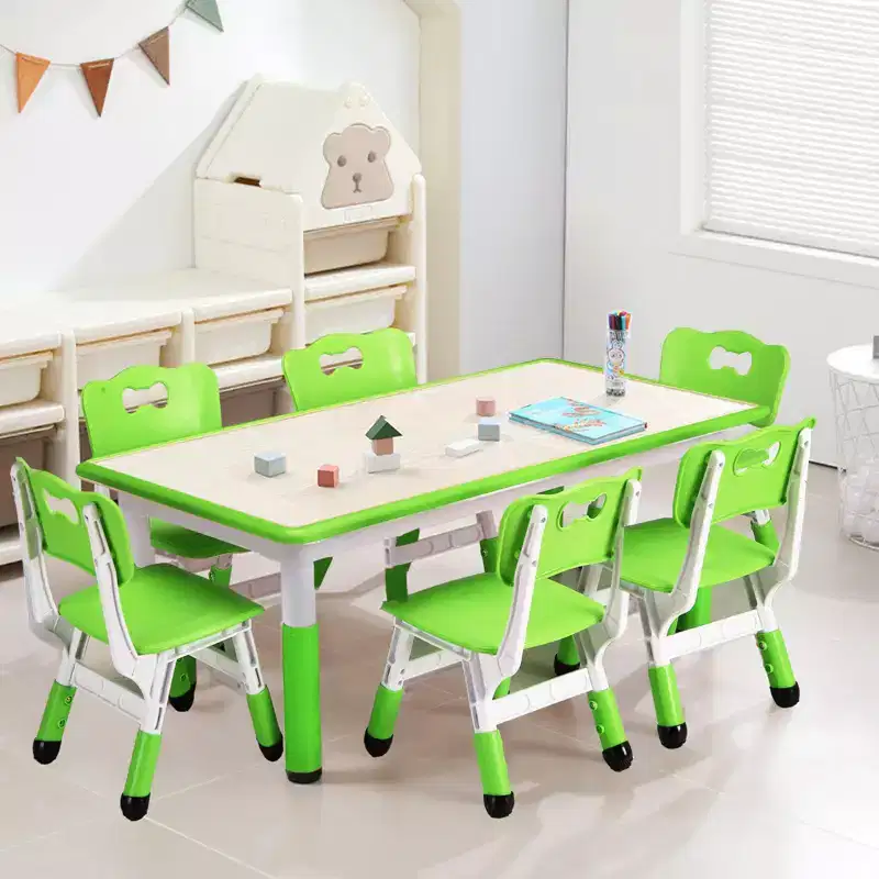 7-Piece Kids Table and Chairs, Height Adjustable Toddler Table and Chair Set for Ages 2-10 with Graffiti Desktop, Non-Slip Legs for Classroom/Daycare