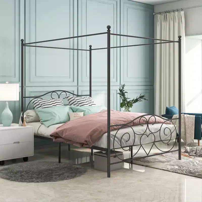 Queen Size Metal Canopy Bed Frame with Vintage Headboard