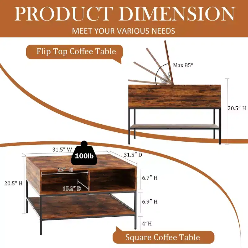 31.5in Square Flip-Top Coffee Table with Hidden Compartment & Black Metal for Living Room, Lift-Top Design End Table, Easy Assembly, Dark Walnut