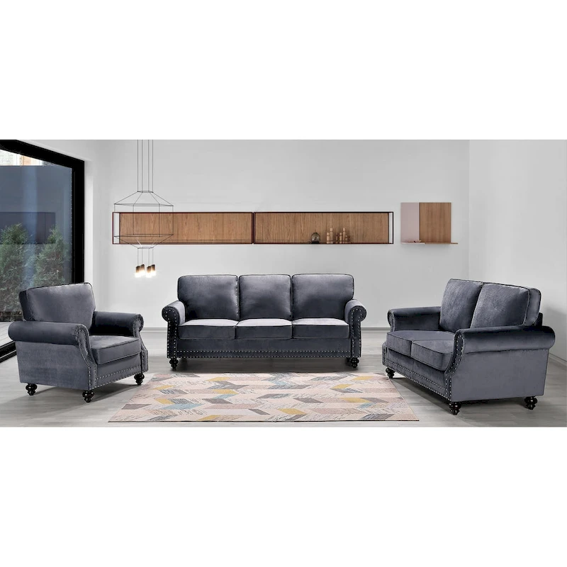 Ramos Nailhead Velvet 3-Piece Set-Loveseat Sofa and Chair