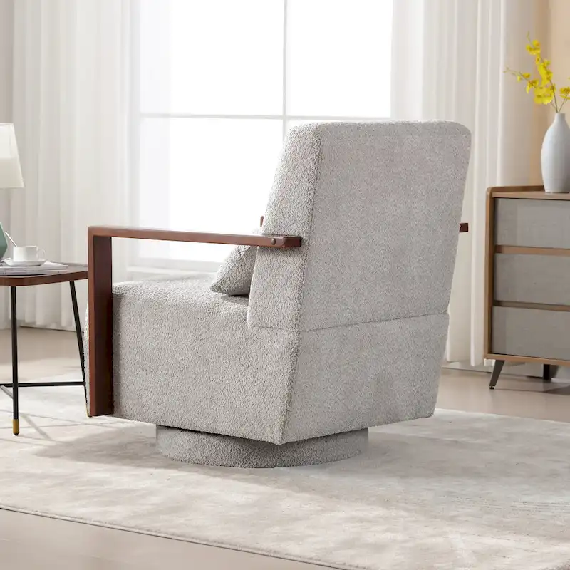 Mid-Century Boucle Upholstered Swivel Armchair With Pillow