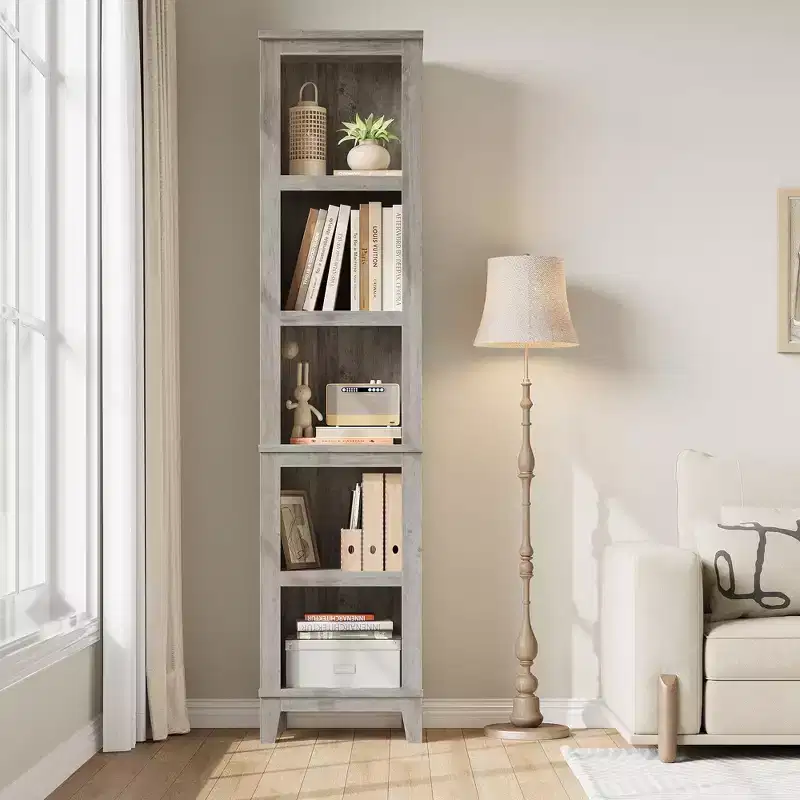 Narrow 5-Tier Bookcase, 71.3 Tall Farmhouse Bookshelf with Vintage Design, Slim Wooden Storage Shelf for Living Room, Home Office, and Bedroom