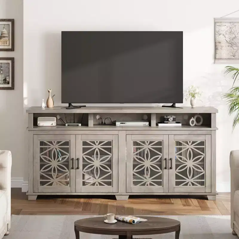GustoWave 70.9 Farmhouse TV Stand, Entertainment Center with Glass Door & LED Lights for Living Room, Bedroom