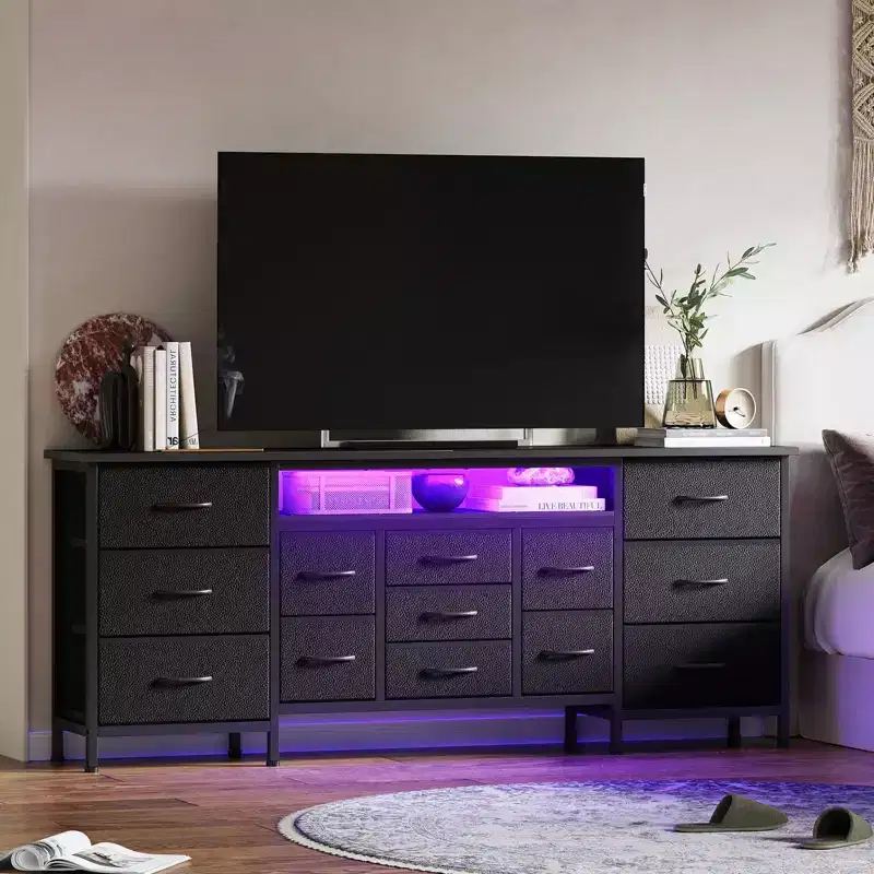 70 Inch Long Dresser TV Stand for 65, 75, 80 Inch TV, Wide 13 Chest of Fabric Drawers Dresser, Large Entertainment Center for Bedroom