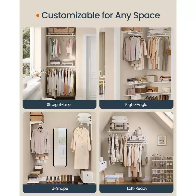 2-4 ft Adjustable Closet System - Metal Shelving Unit with 2 Rods & Shelves, 141 lb Capacity, for Wardrobe/Pantry, Cloud White