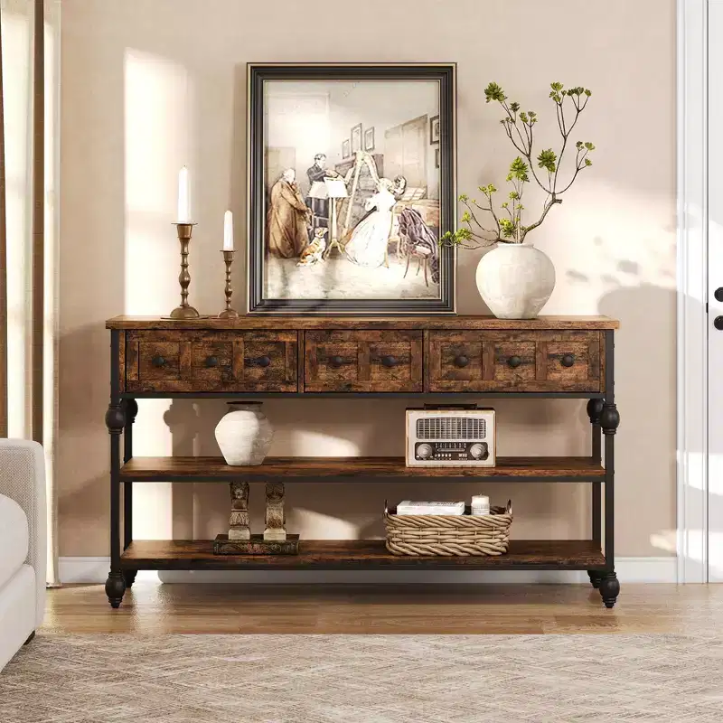 52 Industrial Console Table with 3 Storage Drawers - 3-Tier Metal Sofa Table for Entryway, Living Room, Hallway & Behind Couch