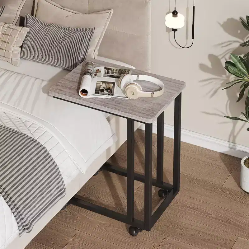C-Shaped End Table Slide Under Sofa/Bed, Portable Wheels/Adjustable Feet, Small Space Friendly for Living Room Bedroom