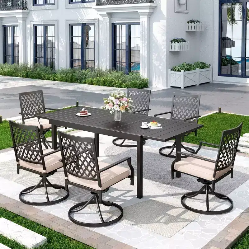 7PC Metal Dining Set with Expandable Dining Table & 6 Swivel Chairs - Captiva Designs