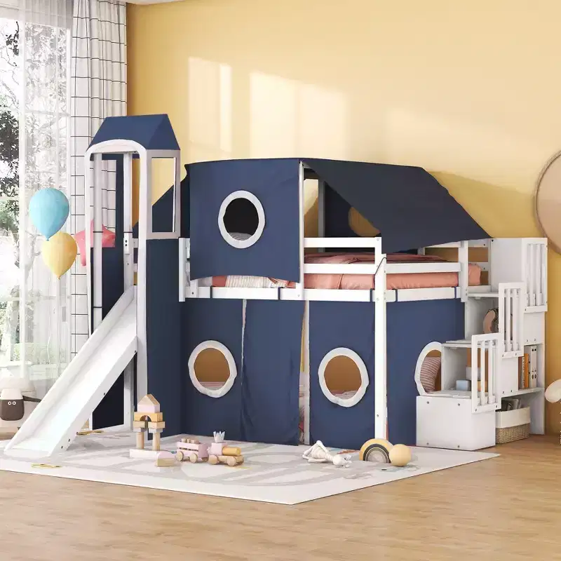 Whisen Twin Size Loft Bed with Tent and Tower