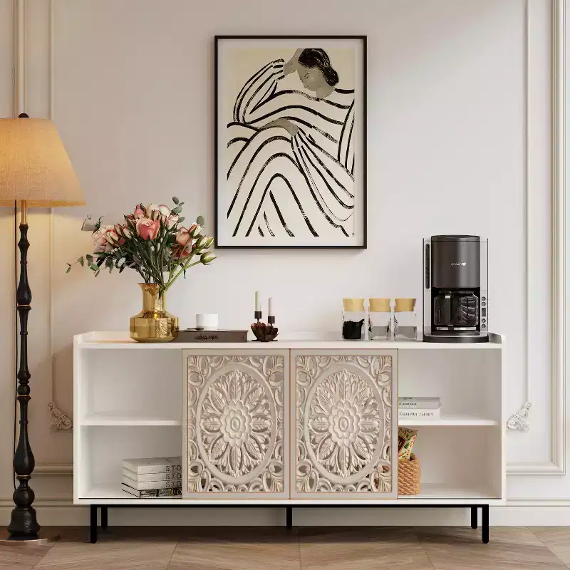 GDFStudio Vesna 58.6'' Mid-Century Modern Hollow-Carved TV Stand with 2 Doors and 2 Shelves