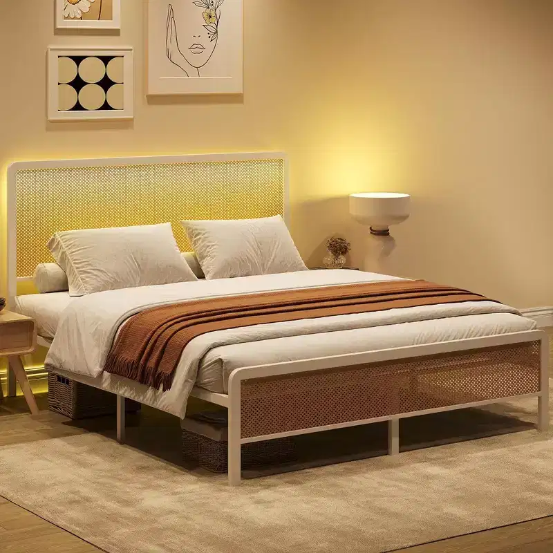 Full/Queen Size Rattan Bed Frame with Led Light Headboard