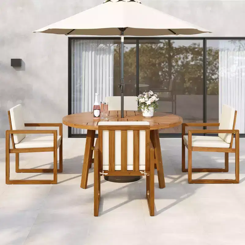 ModernLuxe 5-Piece Outdoor Dining Set Patio Furniture Set with 4 Armchairs & 1 Table for Garden Balcony Backyard, Acacia Wood Frame, Beige+Natural