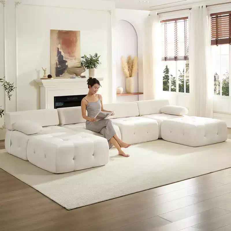 Mjkone U-Shaped Velvet Modular Sectional Sofa With free Combination Ottoman,Convertible 4-Seater Sofa with Rivet Trim