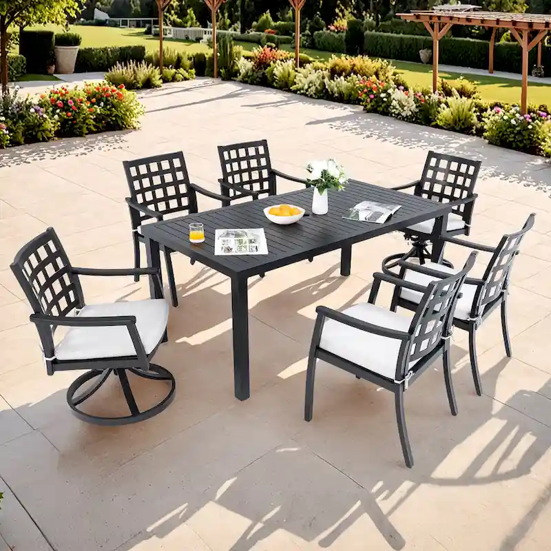 7 Pcs Outdoor Patio Dining Set, All Weather Patio Furniture Set with Rectangular Table, 4 Fixed Chairs, 2 Swivel Rocking Chairs