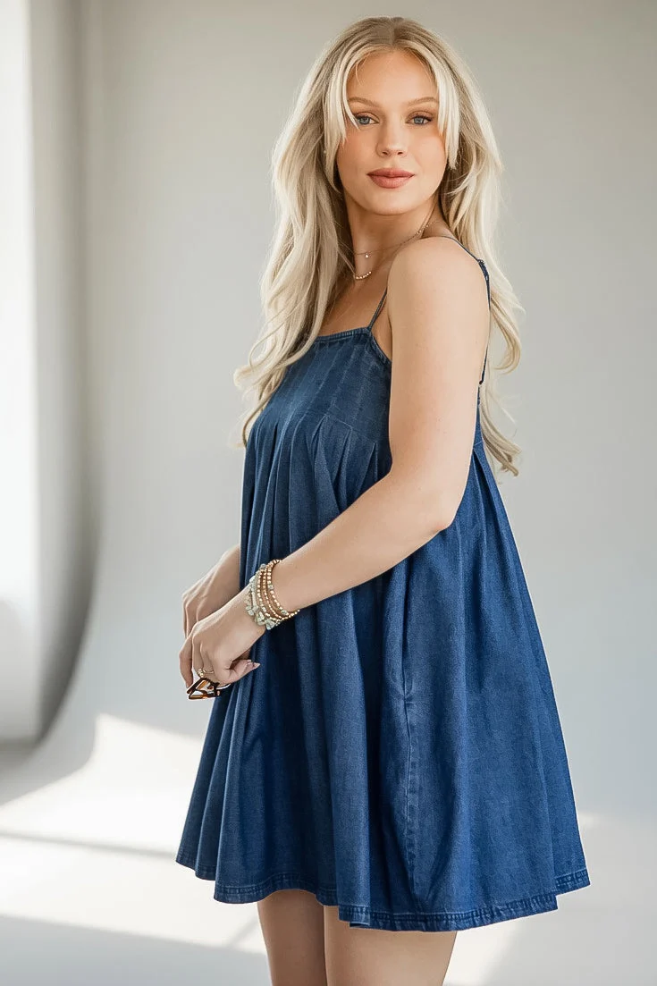 Denim Pleated Square Neck Mini Dress