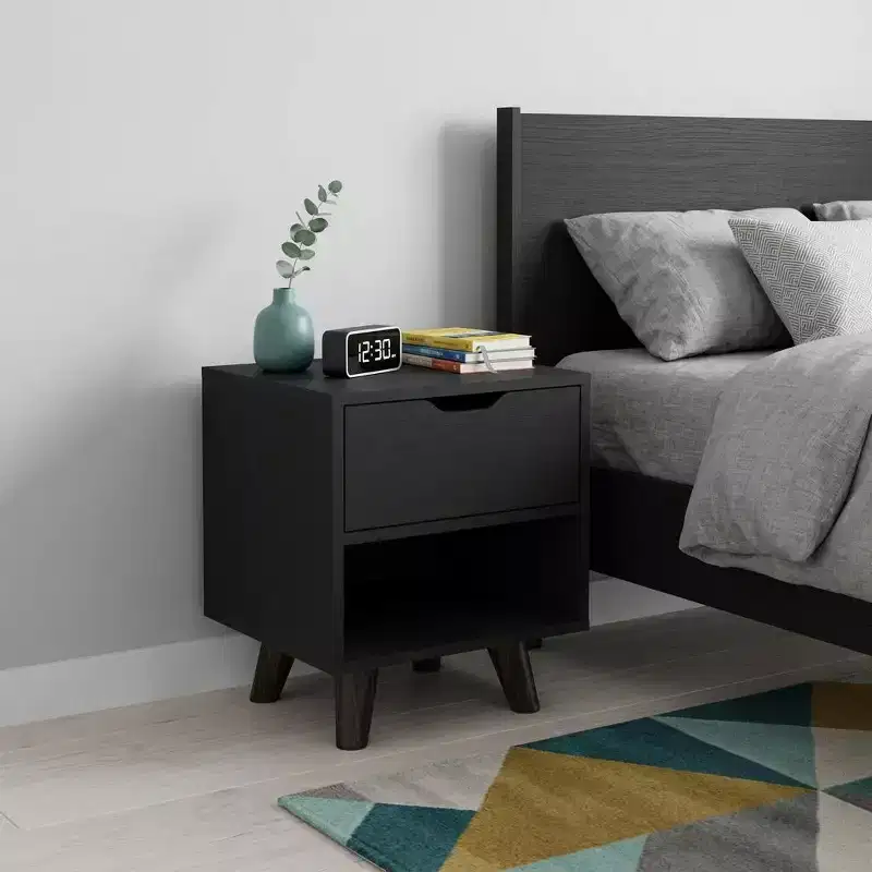 Black Wood One-Drawer Nightstand, for 1