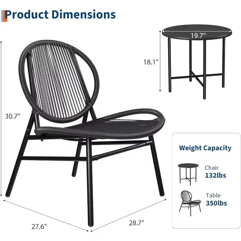 3-Piece Patio Set, All-Weather Wicker Chairs & Round Table for Balcony, Garden, Pool, Backyard - Black