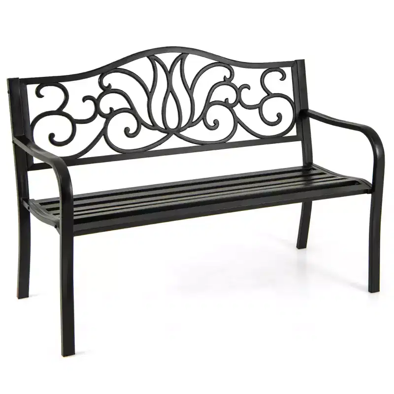 Costway 2-person Metal Bench w/ Floral Pattern Slanted Backrest Slatted Surface Black