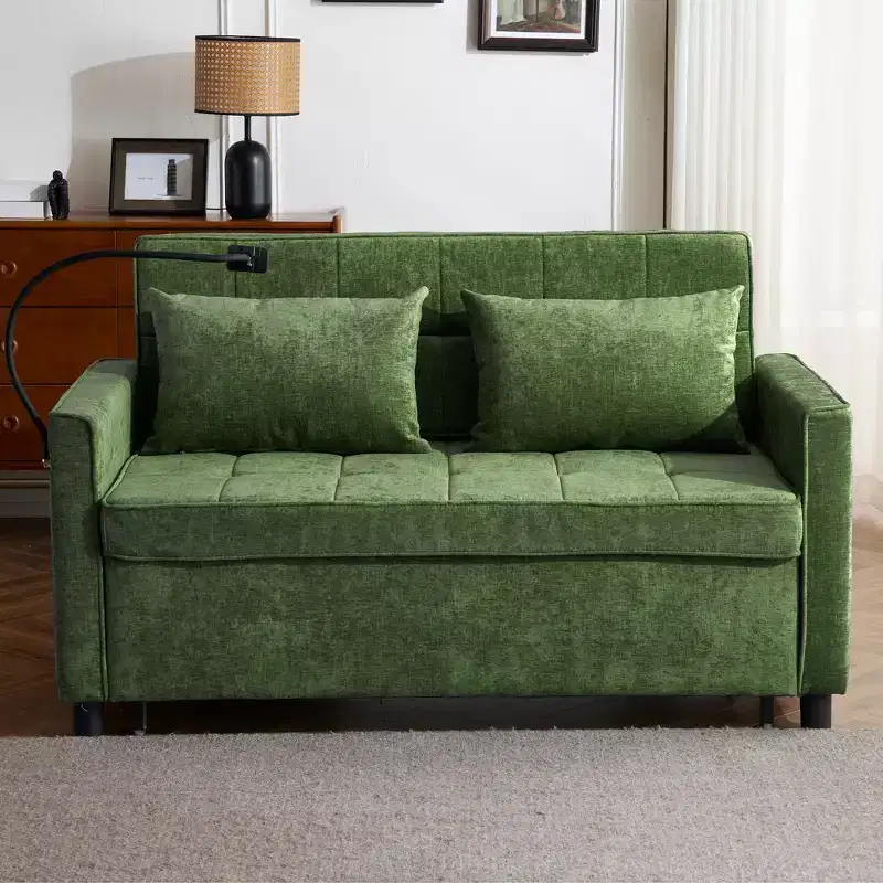 56.9 Inch Loveseat Pull Out Sleeper Sofa Bed with Reversible Backrest Cushion, Side Pockets, Phone Holder for Living Room, Green