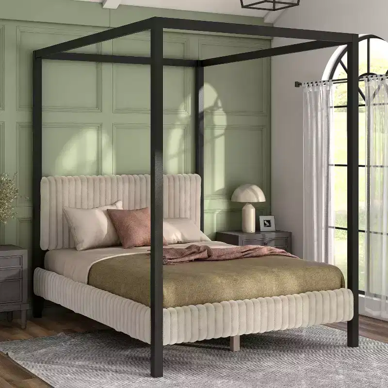 Queen Canopy Platform Bed with Corduroy Upholstered Headboard – Light Brown