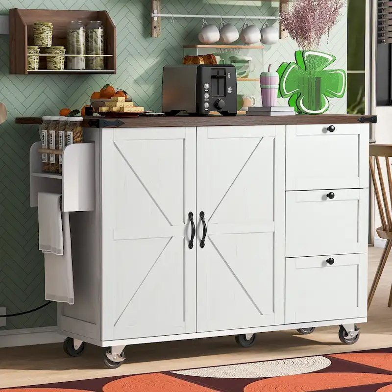 Farmhouse Kitchen Island with Power Outlet and Rolling Cart