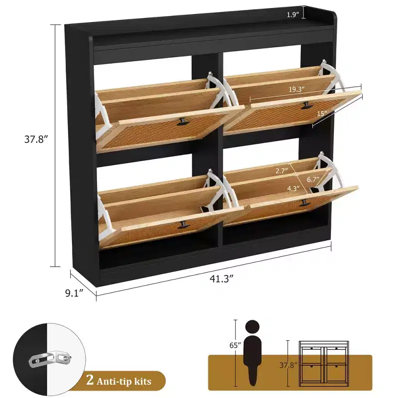 Shoe Storage Cabinet with 4 Flip Drawers, Hidden Shoe Storage Organizer with Rattan Doors, Freestanding Shoe Rack Cabinet For Living Room