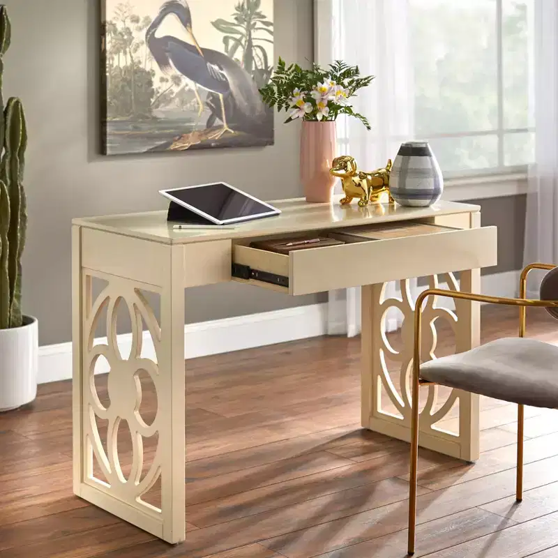 Floral Panel Legs Writing Desk with Drawer – Antique White, 44