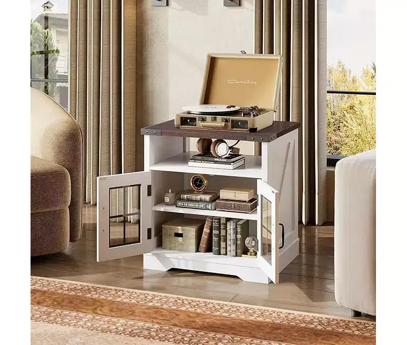 Farmhouse Style Side Table with Charging Station, LED Nightstand with Adjustable Storage Shelf for Living Room, Bedroom, Office, Espresso