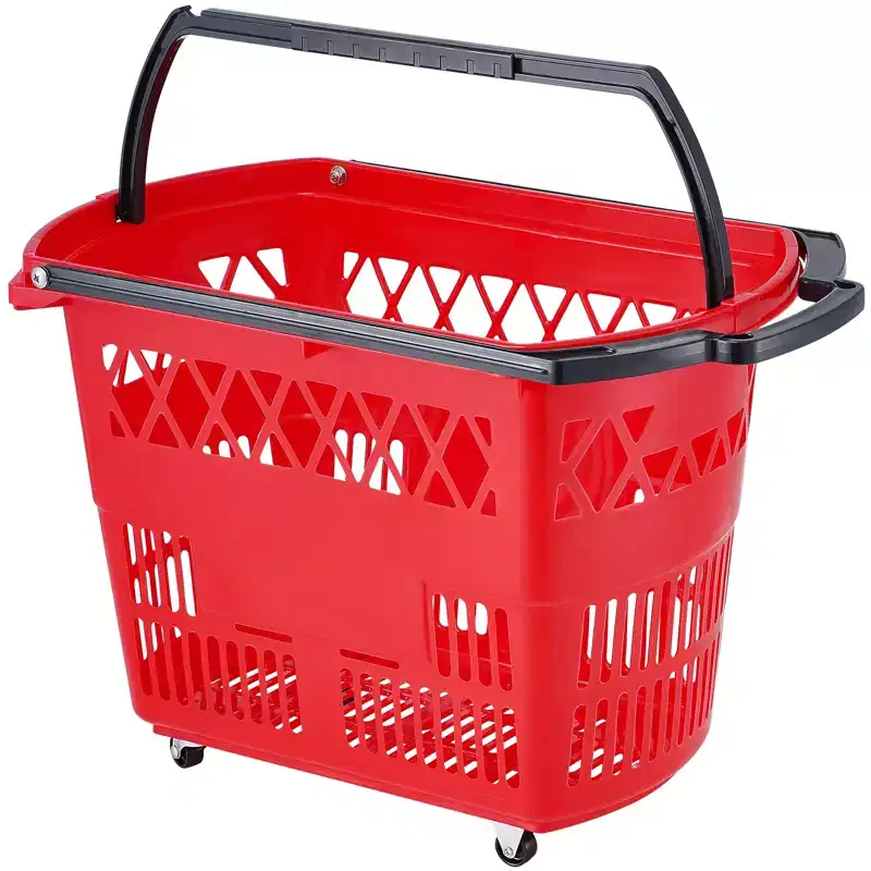 Shopping Baskets, 6PCS, 39L Shopping Carts with Handles, Plastic Rolling Shopping Basket with Wheels, Large Portable Shopping Basket Set, Red