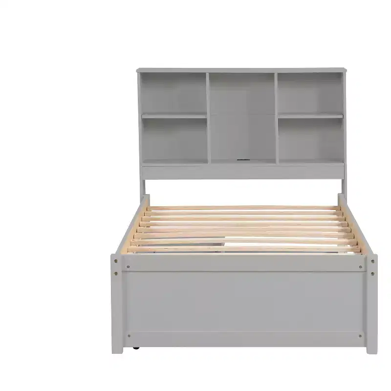 Grey Modern Single Bed Frame with Integrated USB Ports, Bookshelf Headboard, and Two Drawers