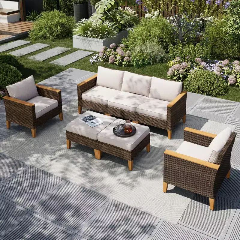 Captiva Designs 7pc Wicker Outdoor Patio Rattan Sectional Conversation Set with Cushioned Ottoman