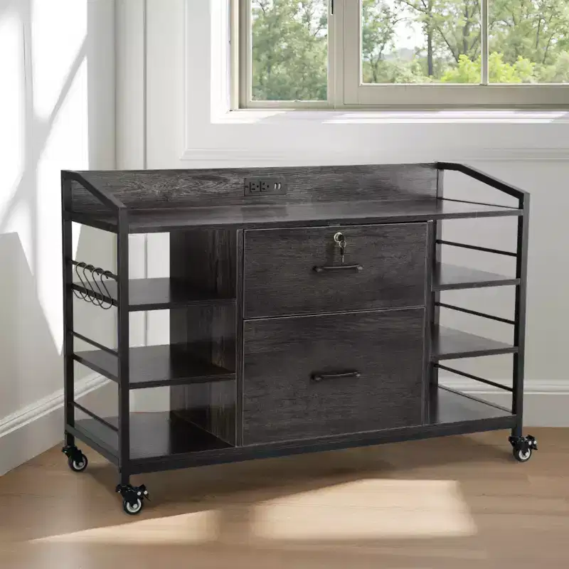 VEVOR 2 Drawers Metal File Cabinet, Lateral Filing Cabinet with Lock and 6 Open Shelves, Wooden Wide Filing Storage Cabinets with Power Strip, Gray