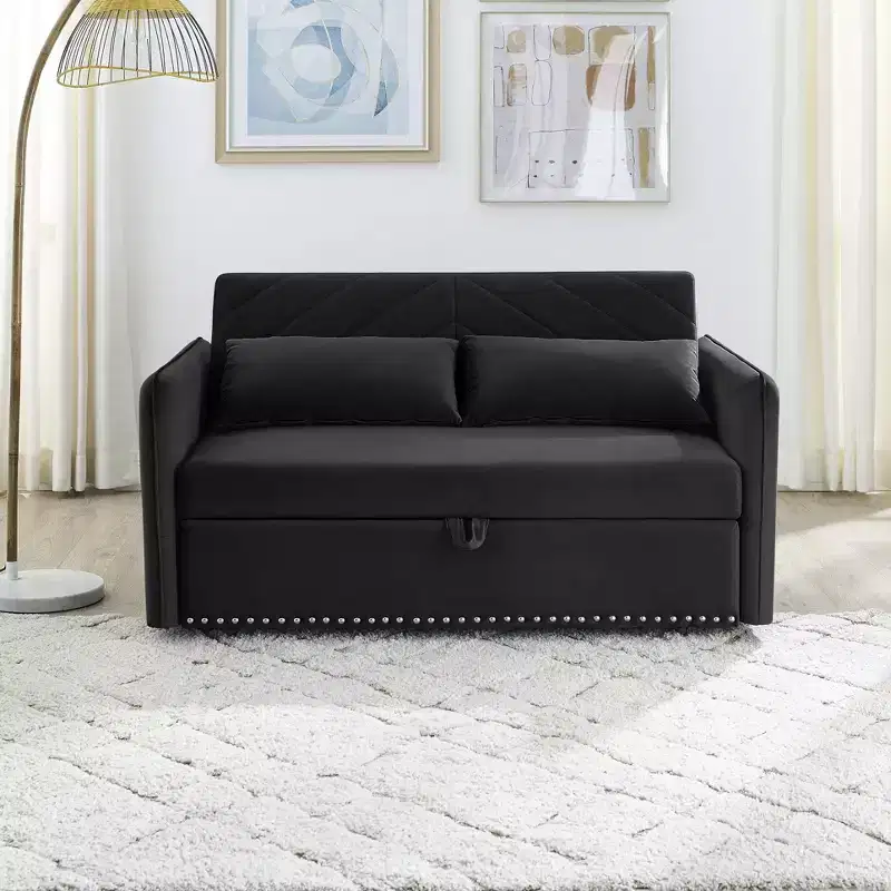 Sleeper Sofa Bed with USB, Adjustable Pull-Out Bed & Side Pocket (Velvet)