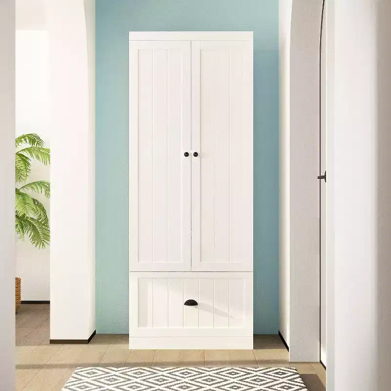 White Wardrobe Armoire with Double Doors, Single Drawer, and 4 Levels of Storage