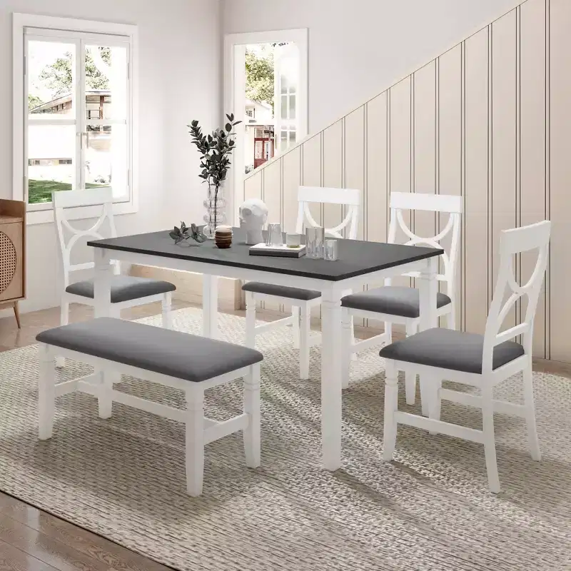 Whisen Farmhouse 6-Piece Wood Dining Table Set with Upholstered Bench and 4 Dining Chairs - Gray+White