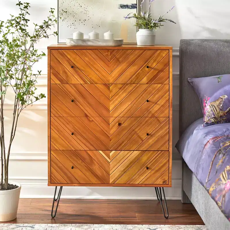 4-Drawer Chest Oak Chevron Acacia Veneer Hairpin Legs 47.3