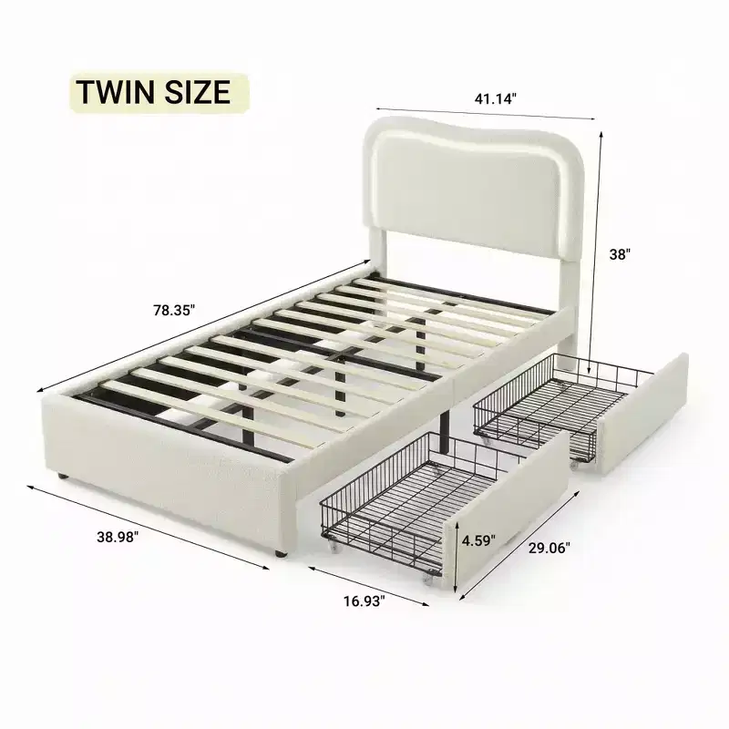 Boucle Twin Bed Frame with LED Headboard & Storage Drawers,Upholstered Platform Bed, Solid Wood Slats, No Box Spring Needed for Kids & Teens