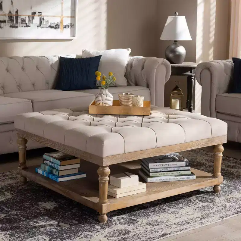 Linen Fabric Upholstered Wood Cocktail Ottoman
