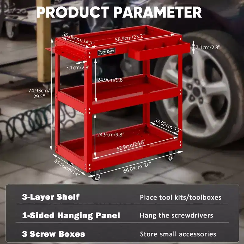 LDHTHOPI 3 Tier Rolling Tool Cart All Metal Industrial Commercial Utility Cart with Drawer Red