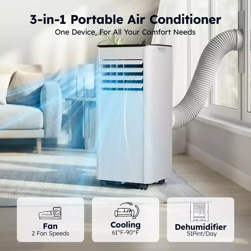Simzlife Portable Air Conditioner 10000 BTU(DOE) 3-in-1 AC with Cooling Dehumidifier Fan Sleep Mode for 450 Sq.Ft, Adjustable Window Kits, White