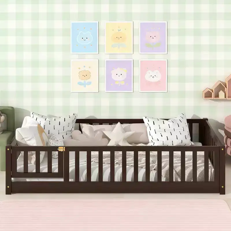 Luxystar Twin Size Floor Bed with Fence and Door for Kids' Room