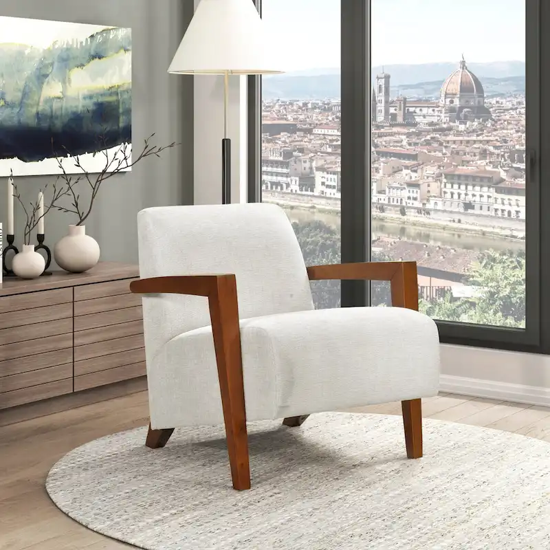 Beige Chenille Mid-Century Accent Armchair with Chestnut Wood Legs for 1 Person