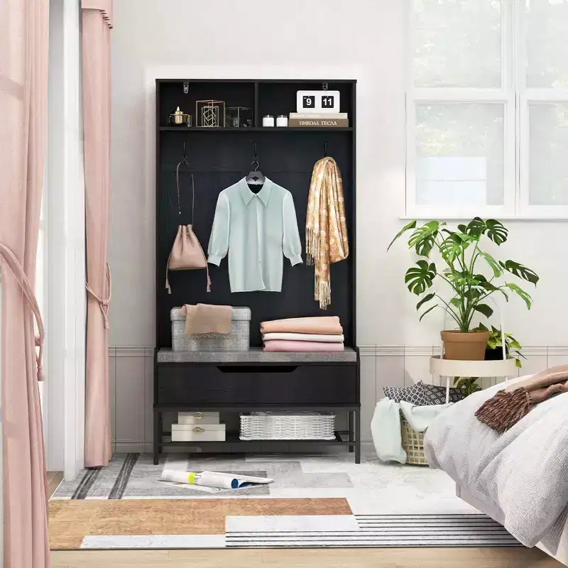 69 Tall Hall Tree with Seat Cushion Open Compartments Hooks Lift-top Storage White/Black/Rustic Brown