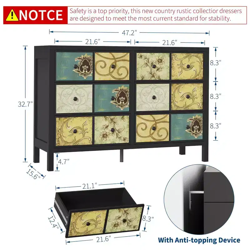 6-Drawer Wooden Dresser, Vintage-Inspired Storage Cabinet for Bedroom and Living Room
