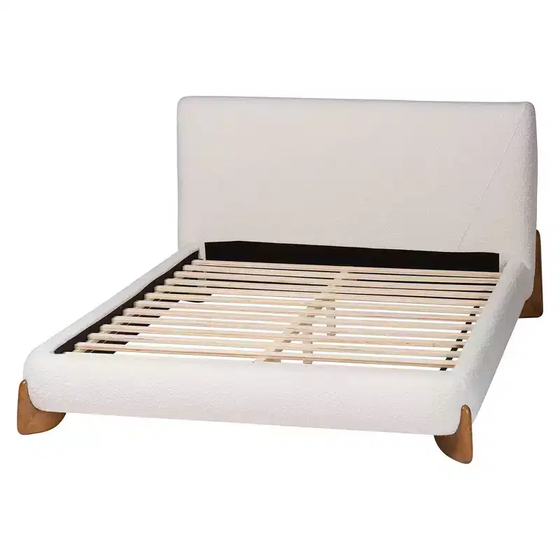 Baxton Studio Queen Size Vinicio Boucle Platform Bed Cream/Walnut Brown