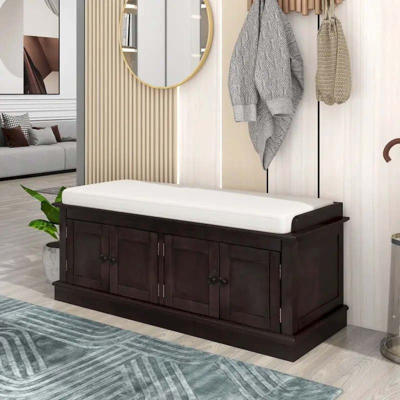 Storage Shoes Bench with 4 Doors and Adjustable Shelves, Removable Cushion